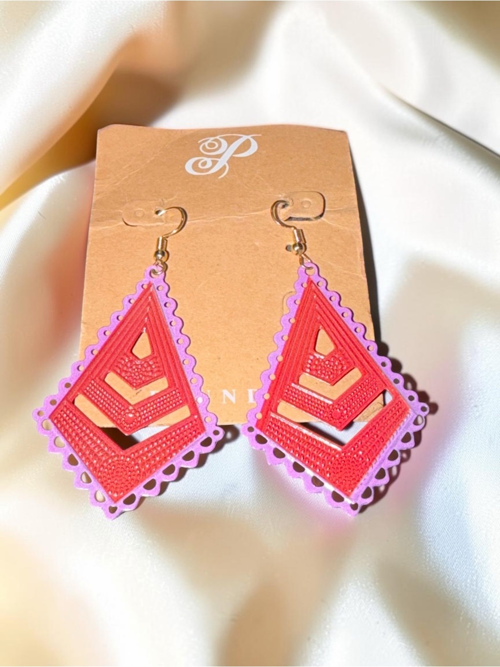Red & Purple Layered Geometric Statement Dangle Earrings - Picture 2 of 4